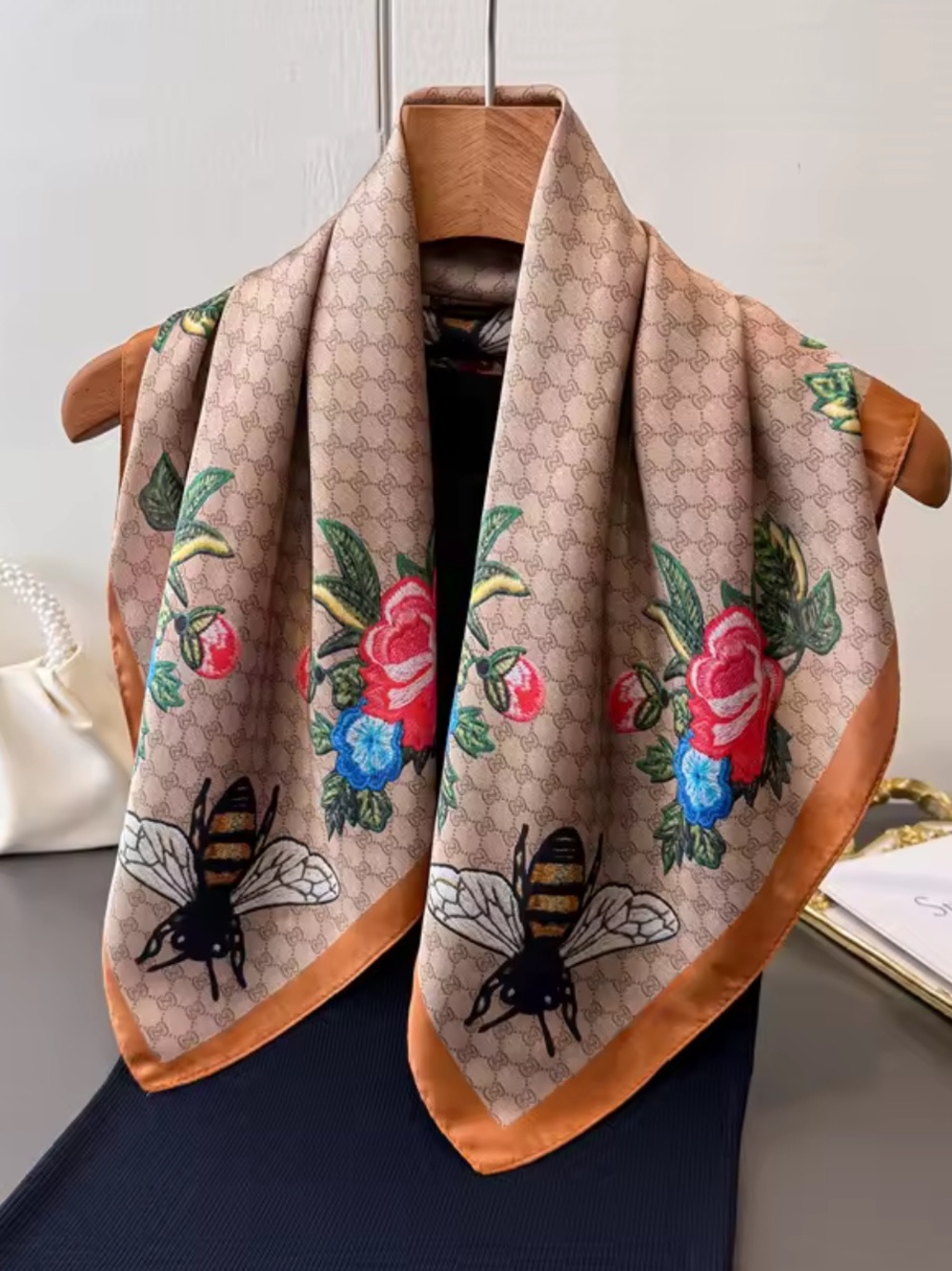 Kohl's Brown Floral & Bee Print Satin Scarf with Tan Trim